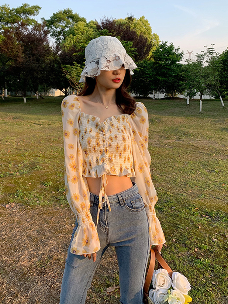 Can Salt Can Be Sweet Design Sense Of Sweet Floral Square Neck Chiffon Shirt Female Summer French Short Long Sleeve Clavicle Shirt Top