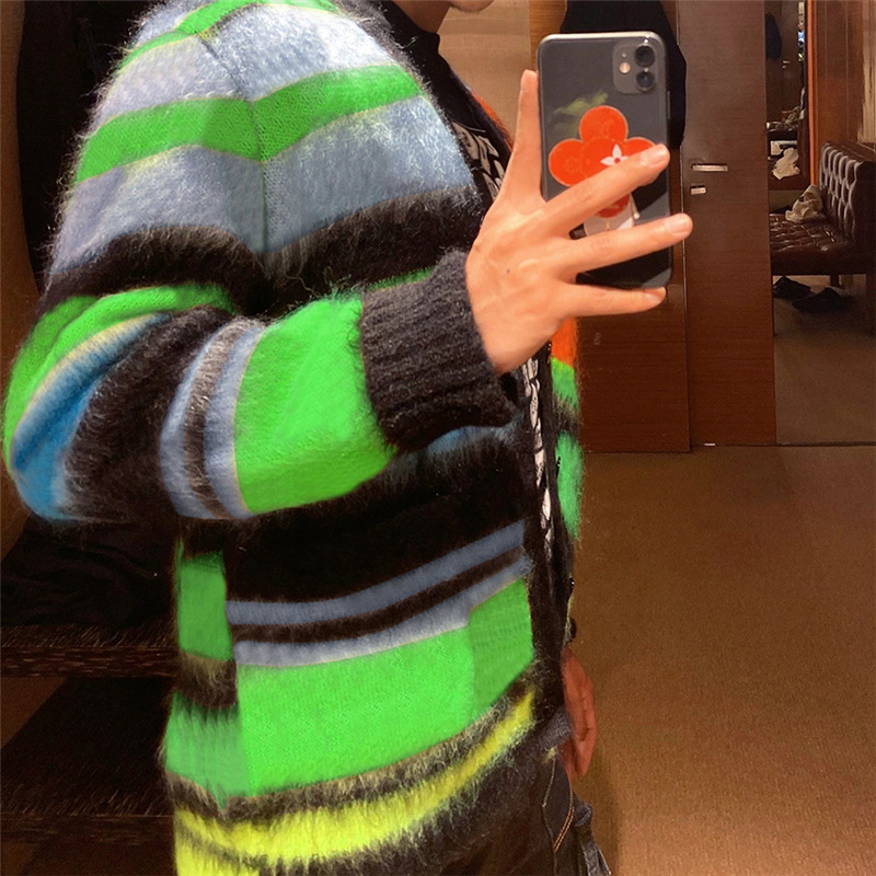 Women's Fashion Contrast Color Striped Long Sleeve Street Shoot Cardigan Fluff Loose Casual Top