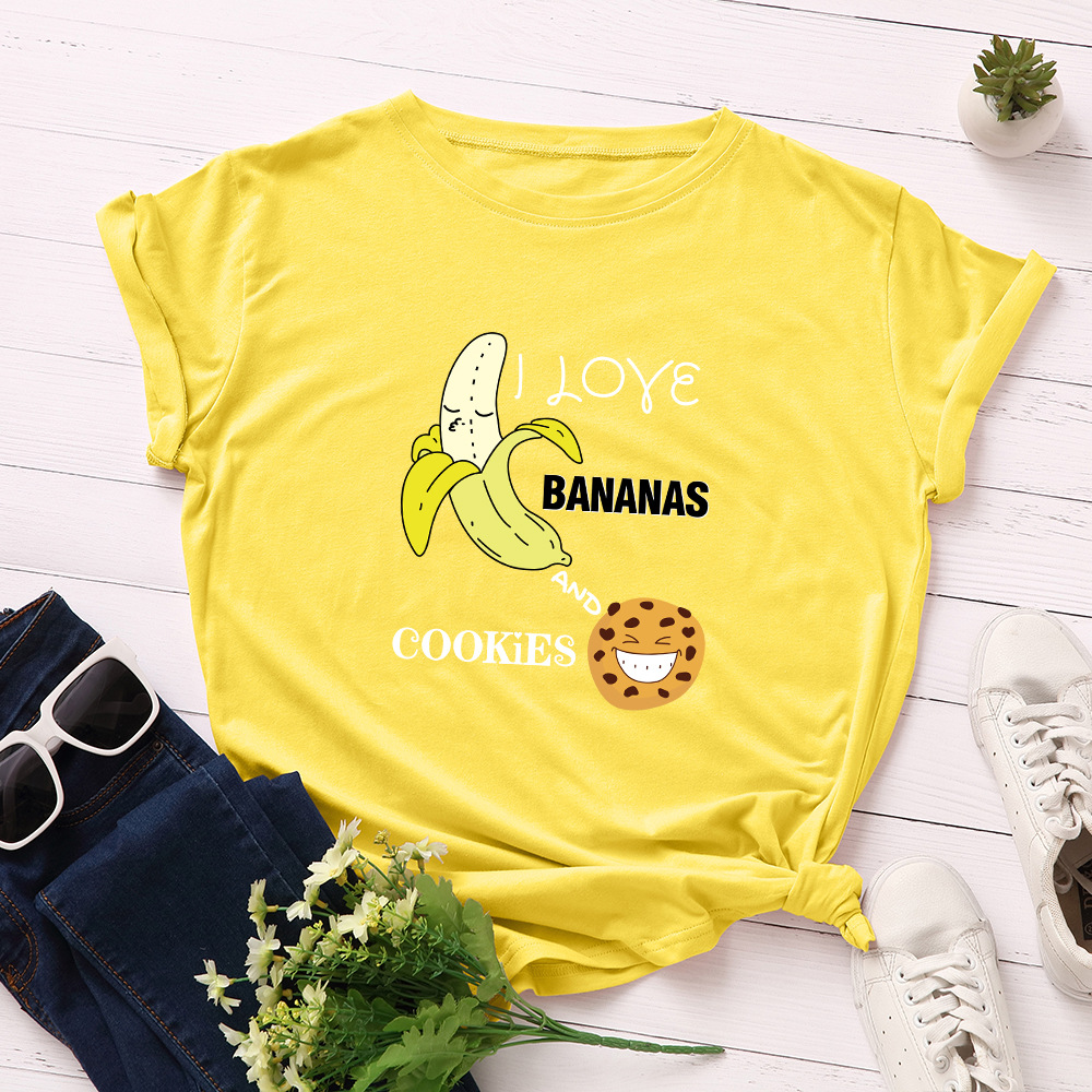 Women's Spoof Banana Letters Loose Crew Neck Short Sleeve T Shirt Yellow - Shop at LoveMi