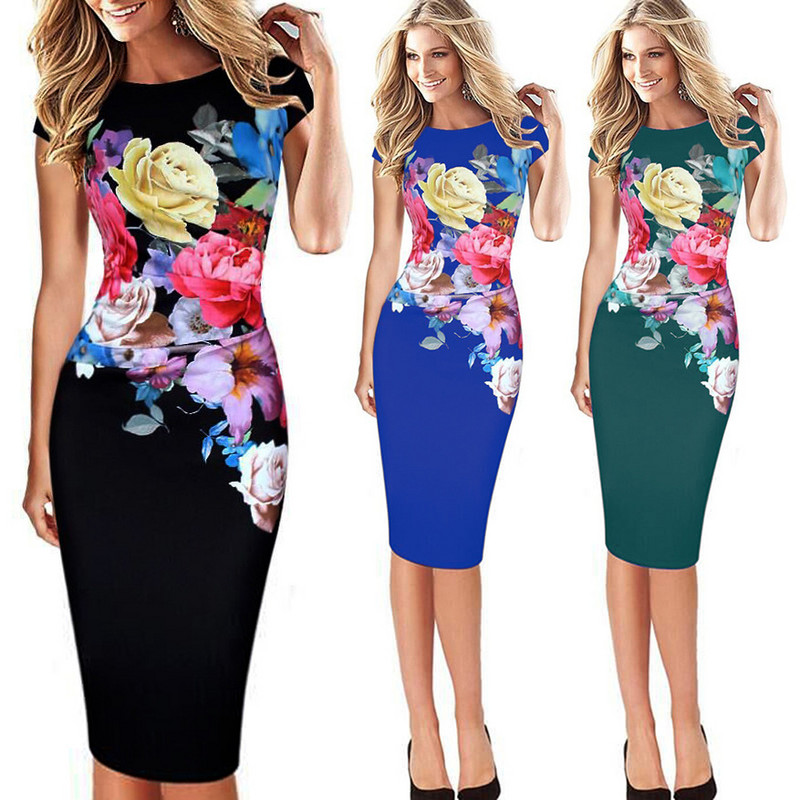 Women's Fashion OL Print Round Neck Half Sleeve Slim Pencil Dress