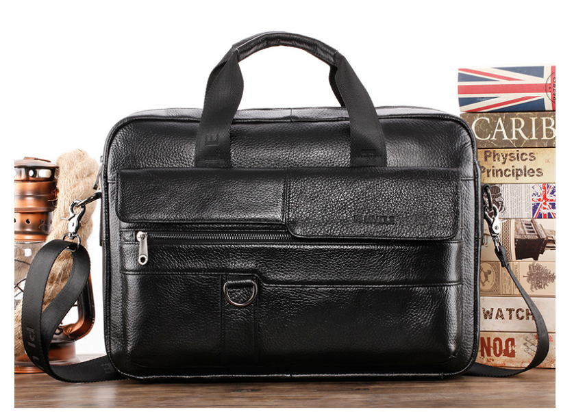 Leather Men's Briefcase Top Layer Cowhide Messenger Bag Large Capacity Single Shoulder Bag Business Multi function Black - Shop at LoveMi