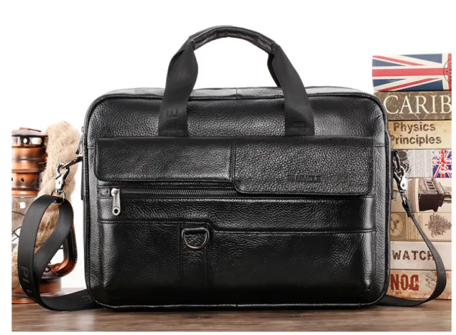 Leather Men's Briefcase Top Layer Cowhide Messenger Bag Large Capacity Single Shoulder Bag Business Multi function Black - Shop at LoveMi