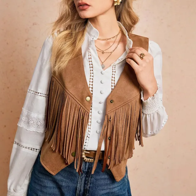 Women's Solid Color Casual Retro Tassel Decoration Front Metal Button Vest Jacket Brown - Shop at LoveMi