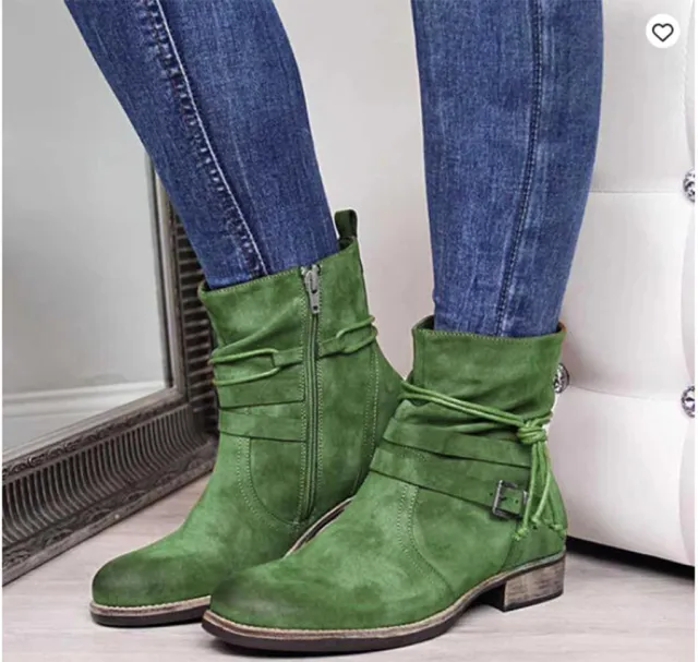 Western Boots Women Buckle Ankle Boots Side Zipper Shoes Green - Shop at LoveMi