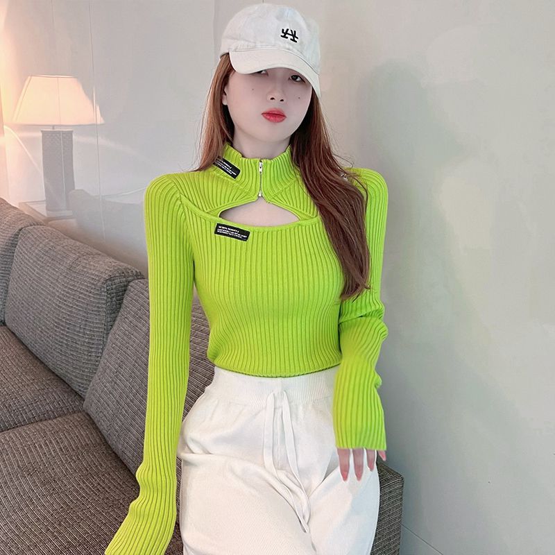 Sweater Women's Autumn And Winter Design Sense Niche Half Turtleneck Short Bottoming Knitted Sweater Top