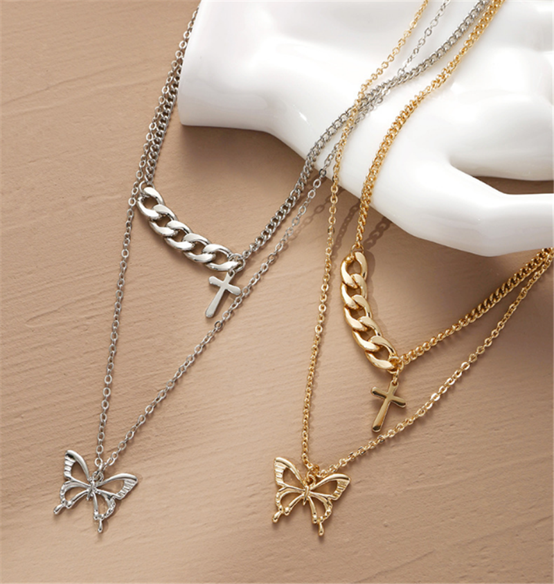 Double-layer Necklace Butterfly Cross Pendant Niche Design Sense