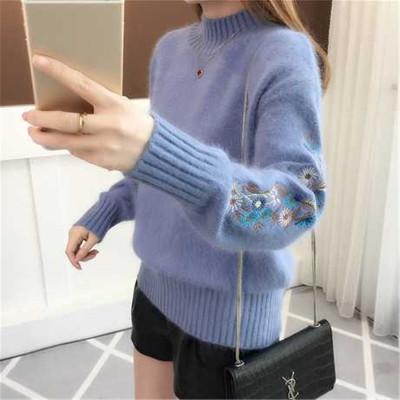 Half High Neck Long Sleeve Embroidered Yarn Bottoming Shirt