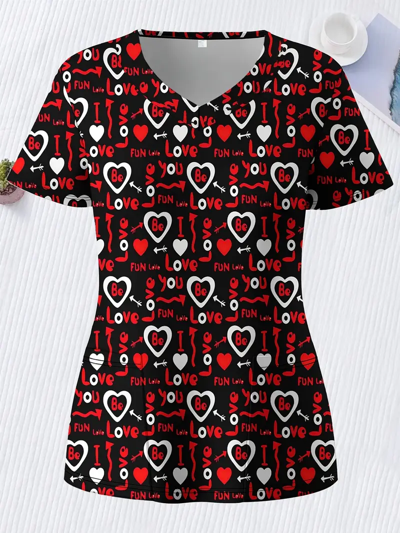Plus Size Women's Vibrant Print Scrub Top Casual V-Neck Short Sleeve