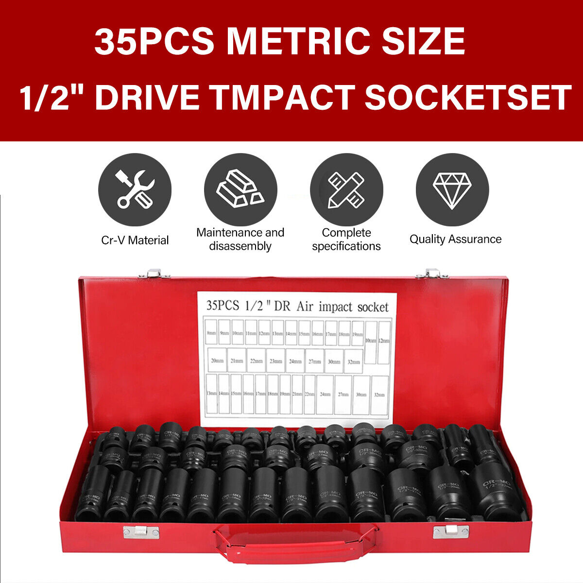 35PCS 1-2 8-32mm Metric Drive Deep Impact Socket Tool Set Garage Chrome Steel — image 3