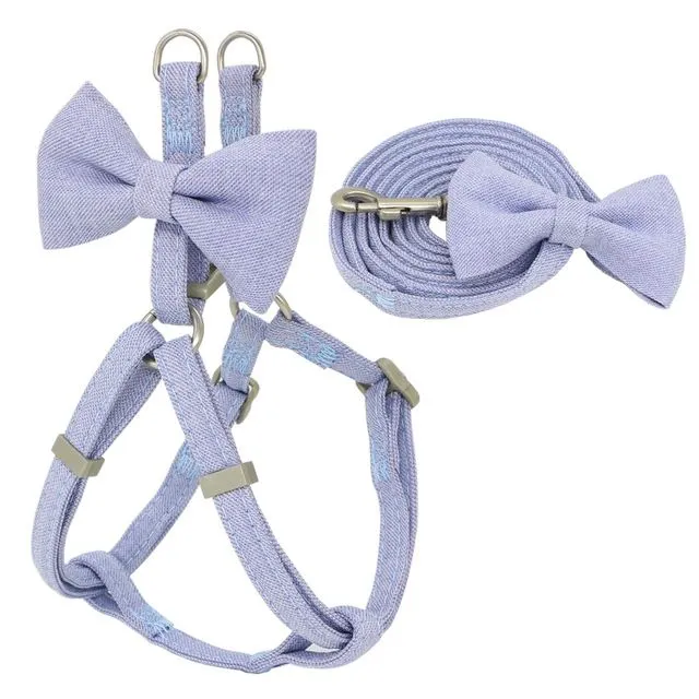 Dog Harness Leash Collar Set Adjustable Soft Cute Bow Blue - Shop at LoveMi