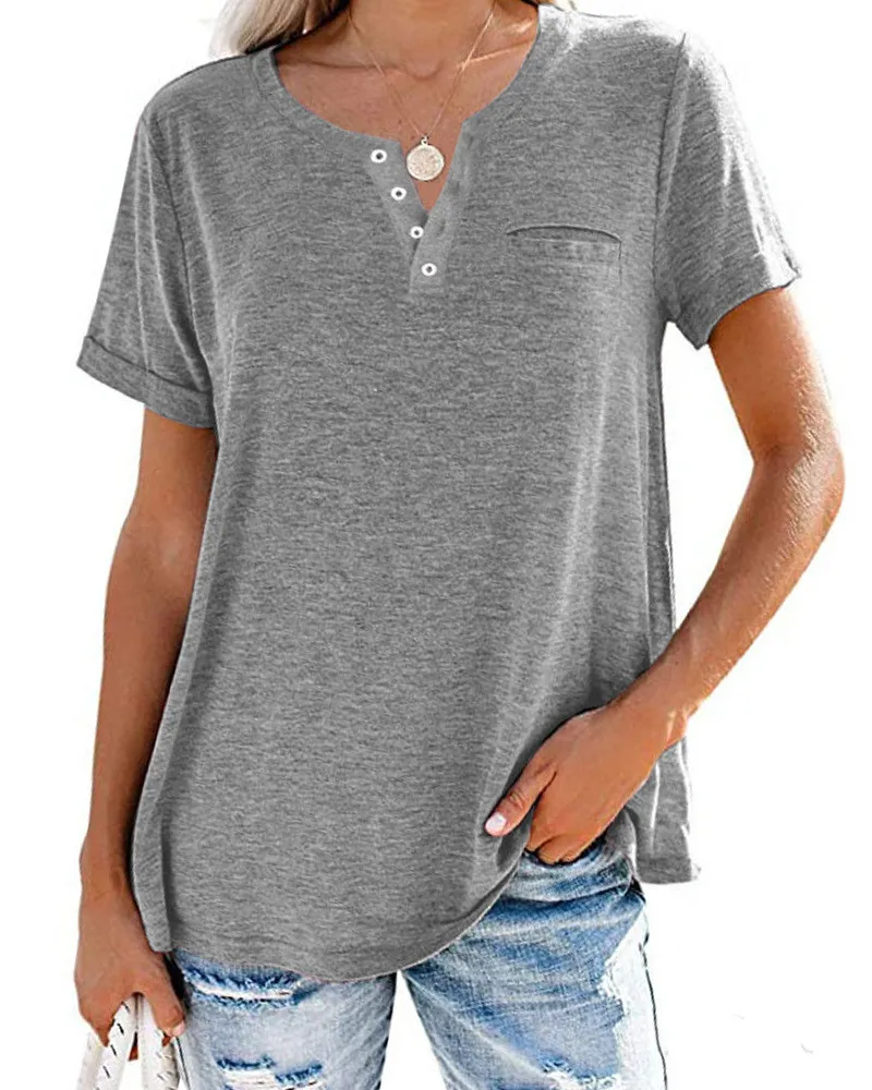Women's Top Small V-Neck Short Sleeve Loose T-Shirt - Light Grey