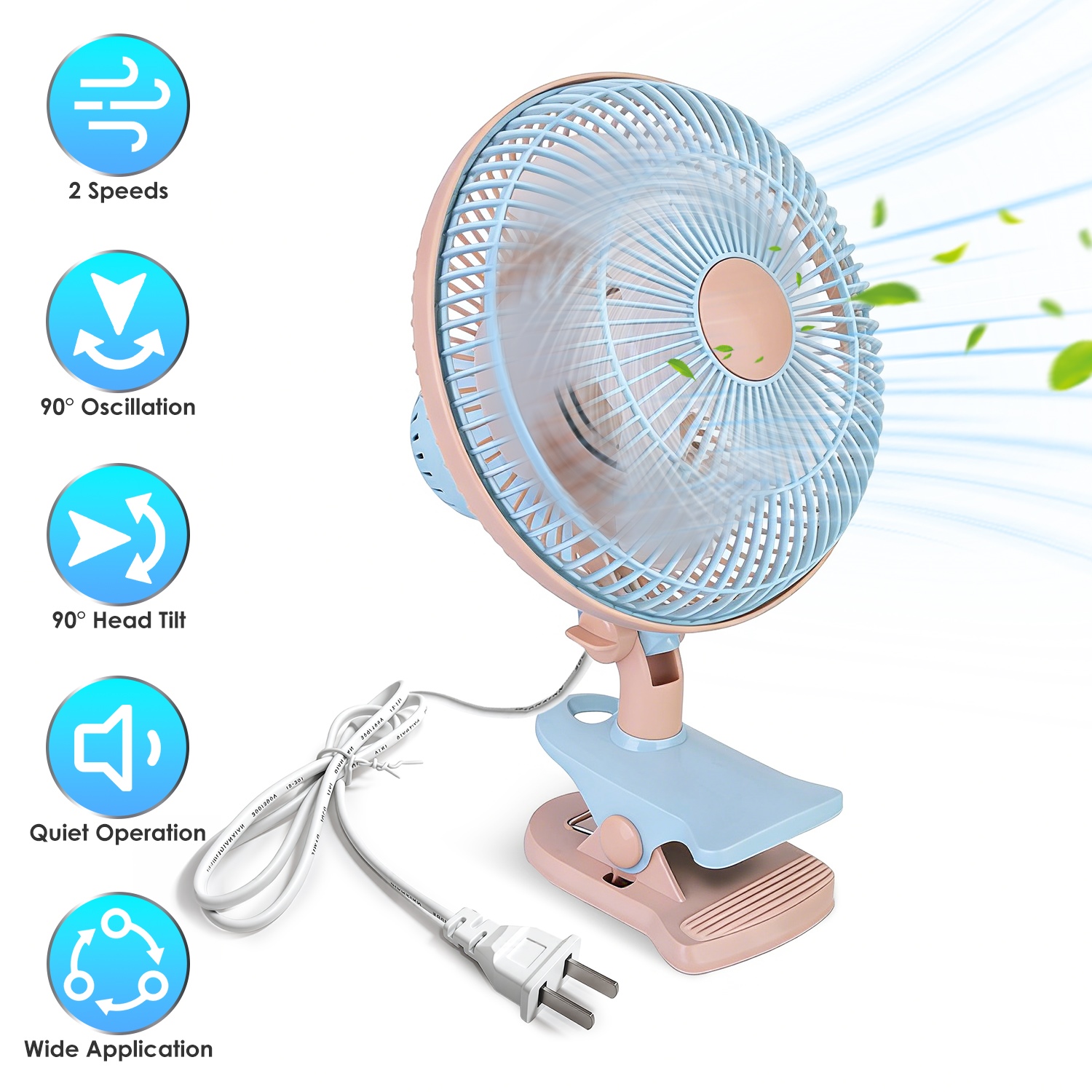 8.66In Oscillating Clip On Fan 2 Speeds Quiet Clamp Fan With 90 Degree Oscillating & Tilting Angle Desktop Wall Mount For Home Office Dorms Strollers