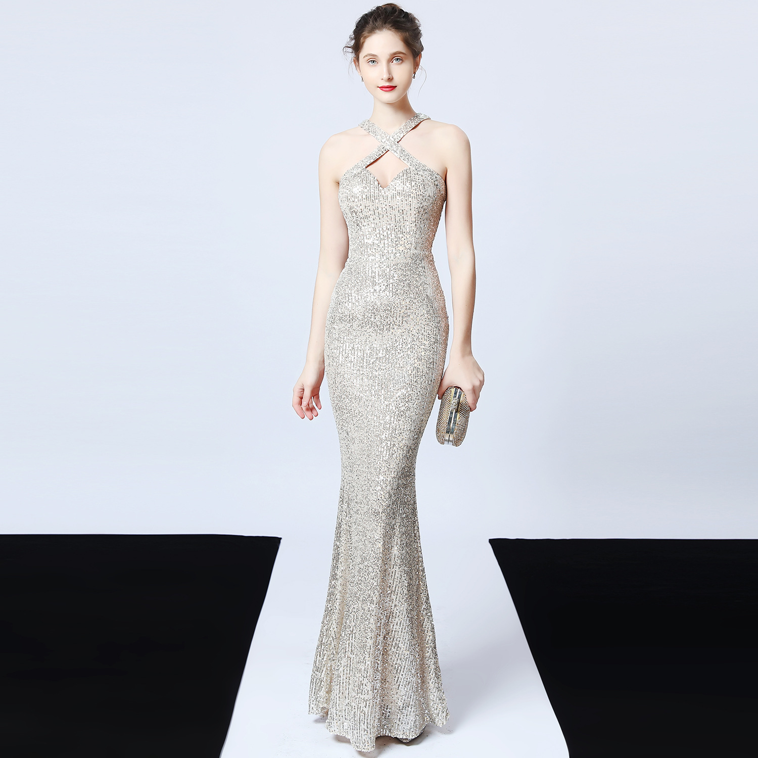 Sequined Party Dress Long Banquet Slim Fishtail Apricot Ginkgo - Shop at LoveMi