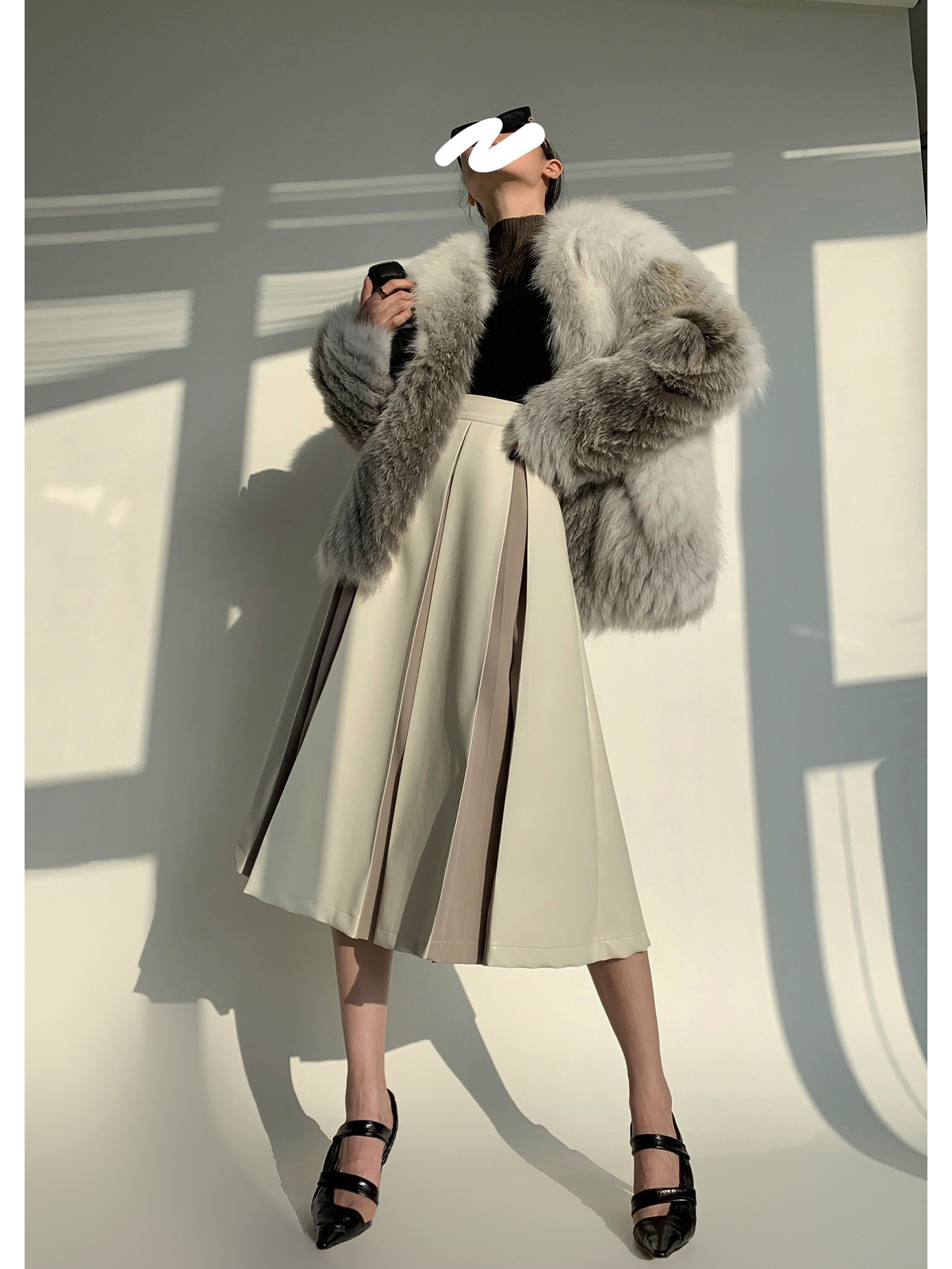 Stitching Pleated Skirt Women's PU Leather Autumn And Winter