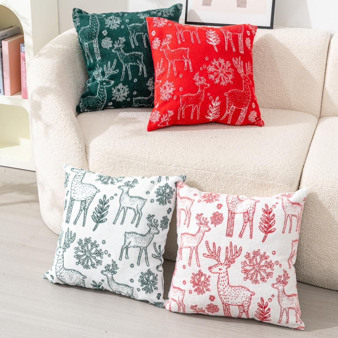 Red Background Christmas Elk Embroidered Throw Pillow For Sofa Cushions