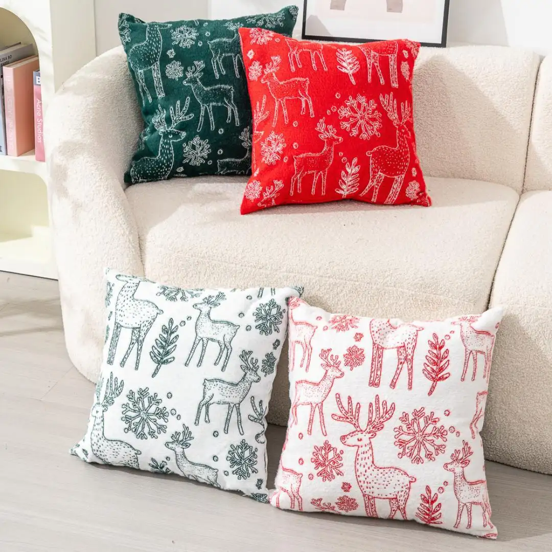 Red Background Christmas Elk Embroidered Throw Pillow
