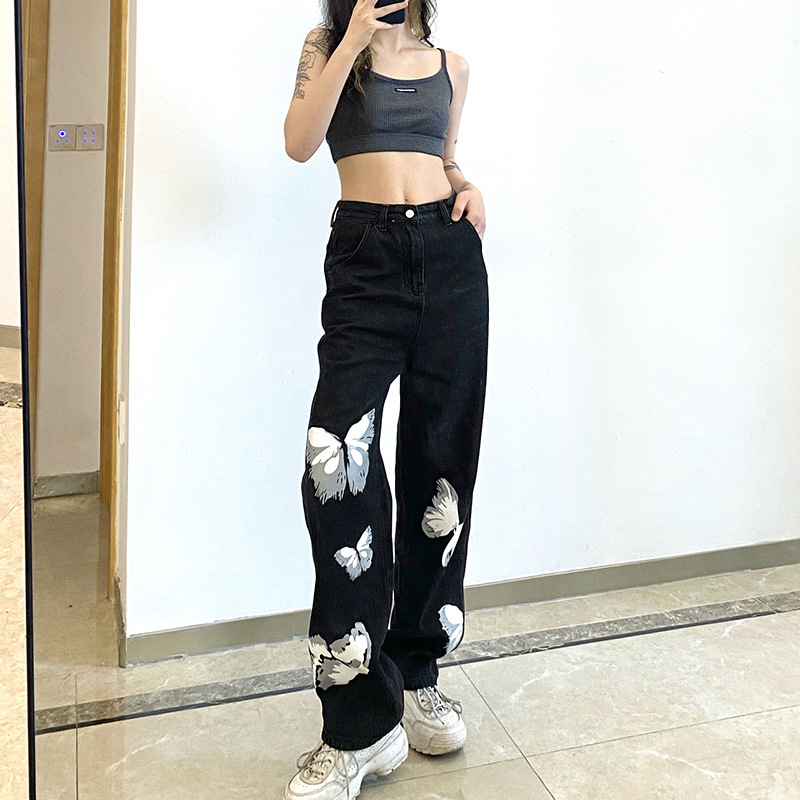 Women's New Butterfly Print High Waist Loose Jeans