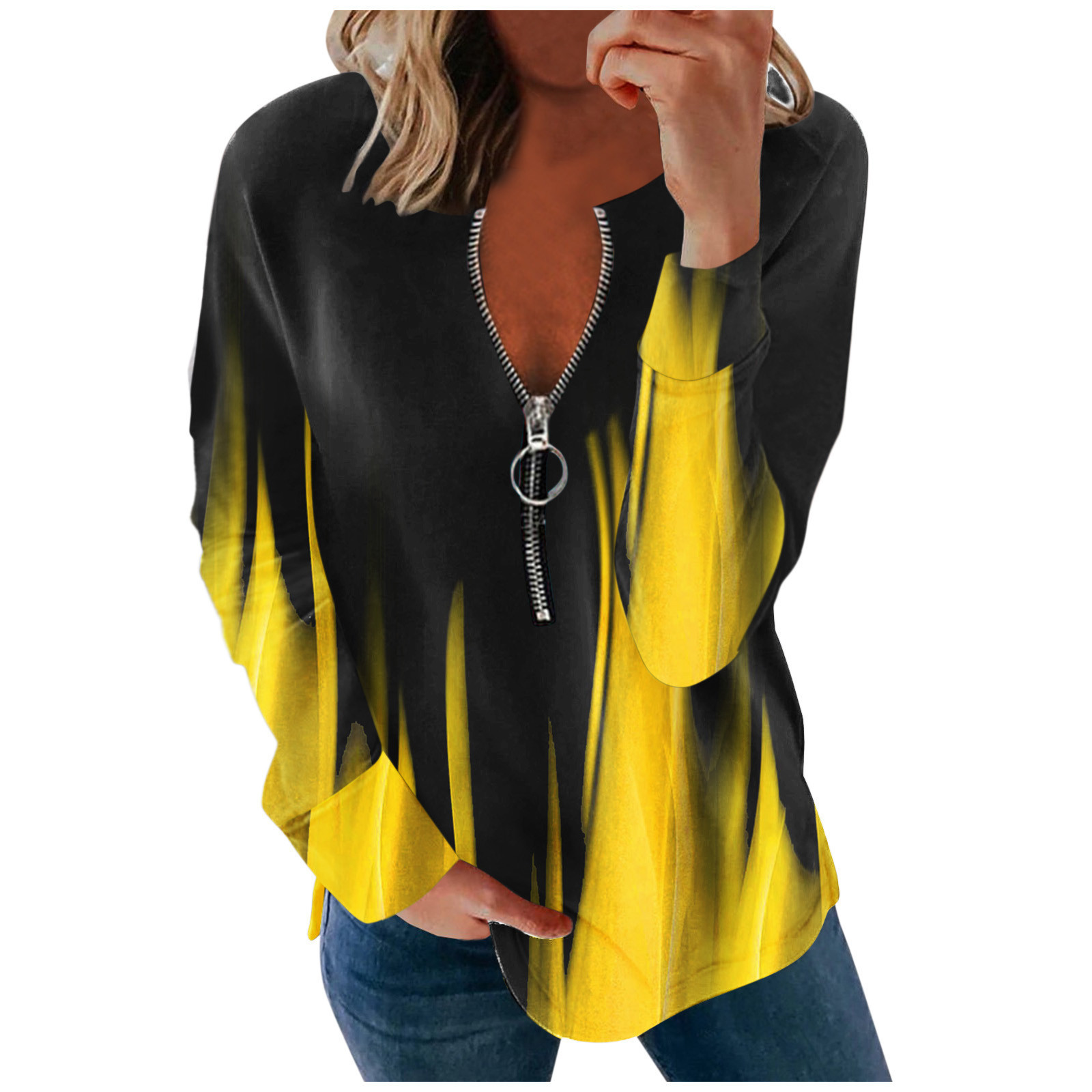 Title 1, V-neck Long-sleeved Faded Flame Loose Zipper T-...