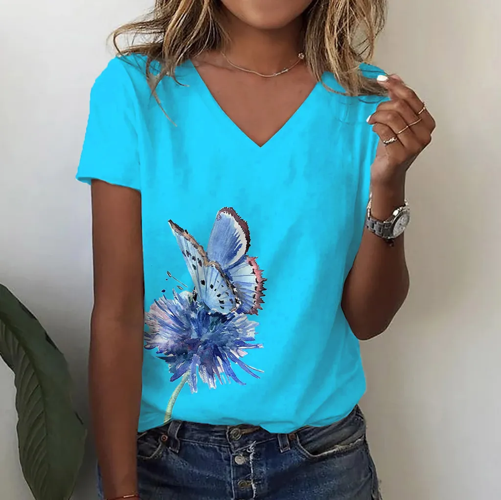 Fashion Butterfly Print V-neck Short Sleeve - Dp55