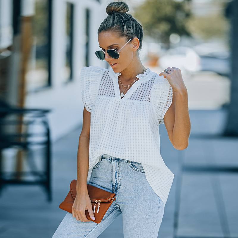 Women's Sleeveless Top Solid Color And V-neck Hollow-out Breathable Flying Sleeves Chiffon Shirt