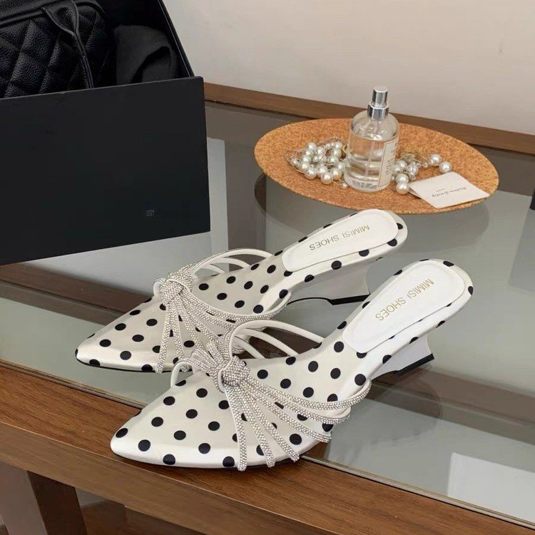 Women's Sparkly Polka Dot Wedge Sandals, Pointed Toe Rhinestone Mules