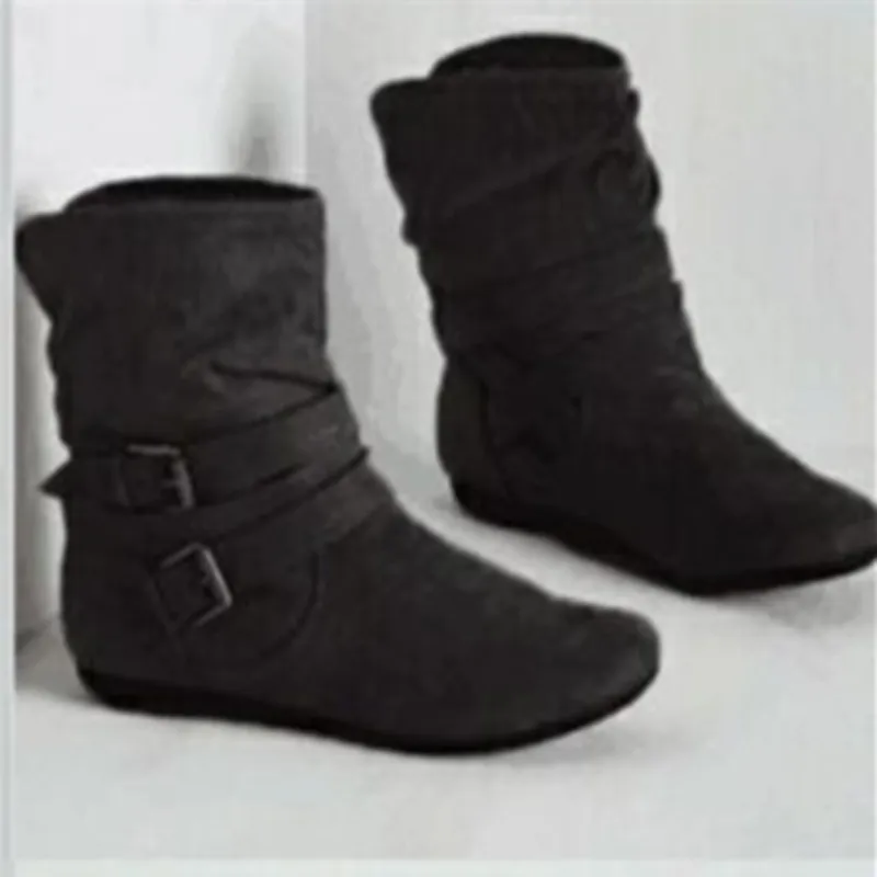 Women's Cotton And Velvet Ankle Boots Padded Shoes Flat Buckle - Black