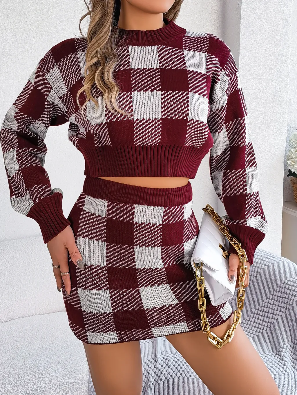 Women Casual Colour Block Plaid Long Sleeve Cropped Sweater & Skirt Set - Burgundy