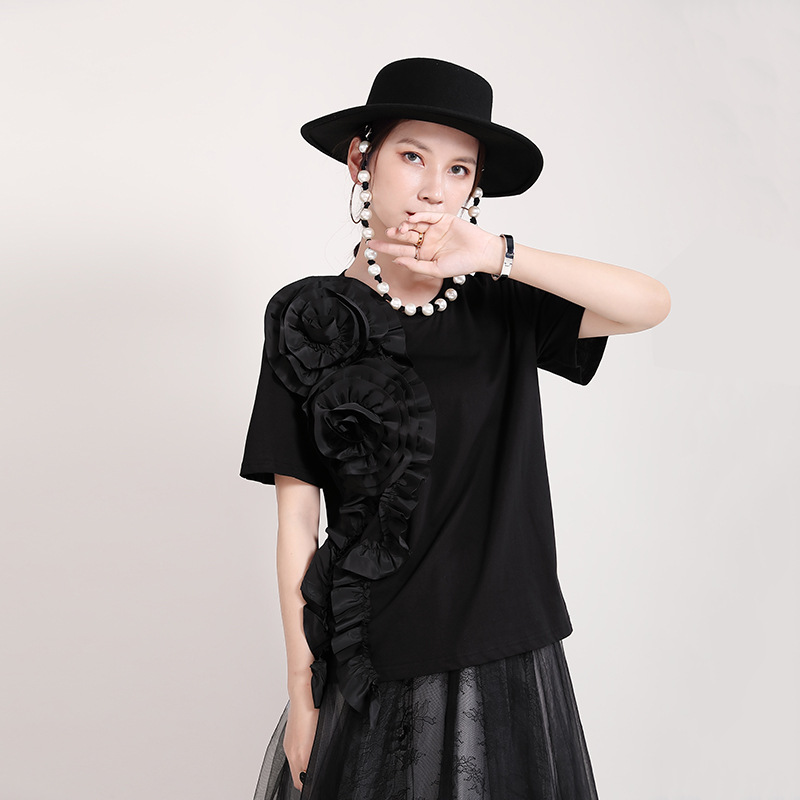 New Women's Three dimensional Decorative Flowers Short Sleeves Black - Shop at LoveMi