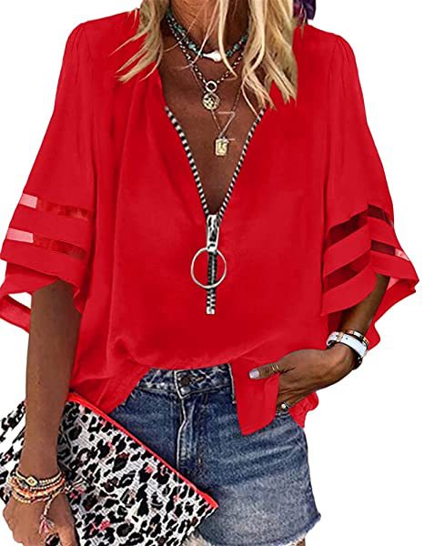 Title 8, V-neck Zipper Shirt Half Bell Sleeve Mesh Stitc...