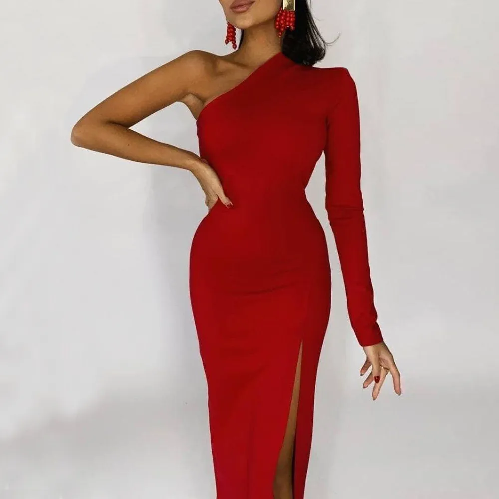 Women's Spring Shoulder One-side Split Sleeve Temperament Commute Slim Dress