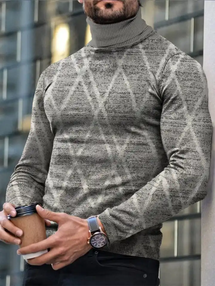 Autumn Winter Men's Long Sleeve Turtleneck T Shirt Printed Casual Top