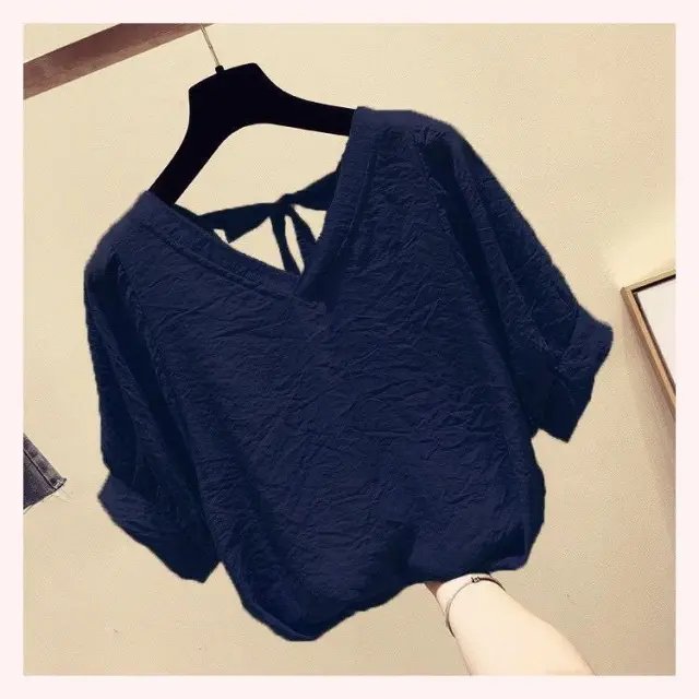 V neck Chiffon Shirt Women's Short sleeved Super Sweet Loose Thin Belly Covering Top Blue - Shop at LoveMi
