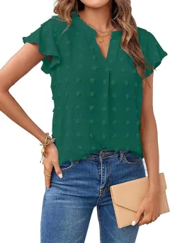 Women Summer V Neck Ruffle Short Sleeve Blouse Dot Flowy Shirt Top - Green - View 1