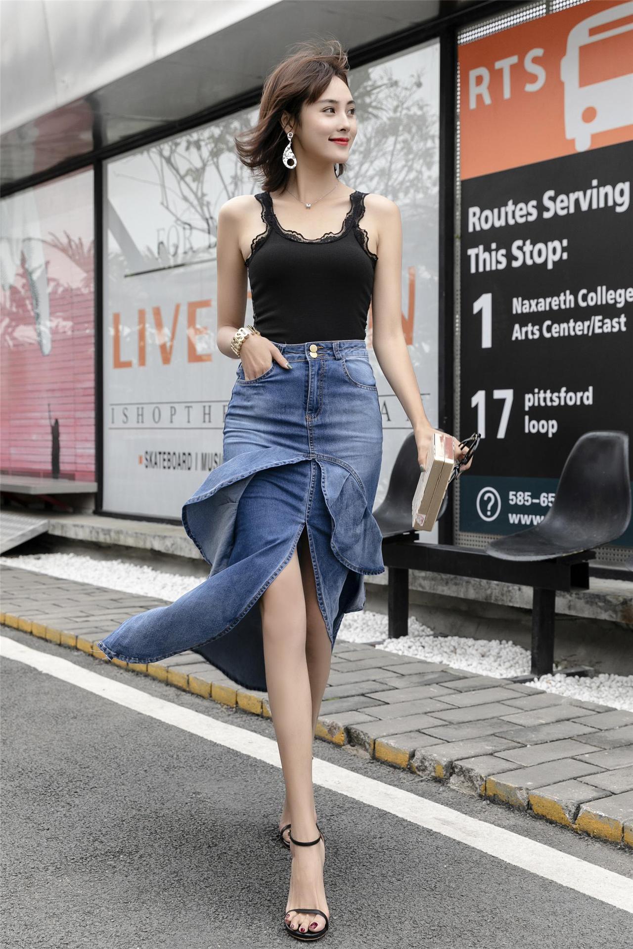 One Step Hip Denim Half length Mermaid Skirt Blue - Shop at LoveMi