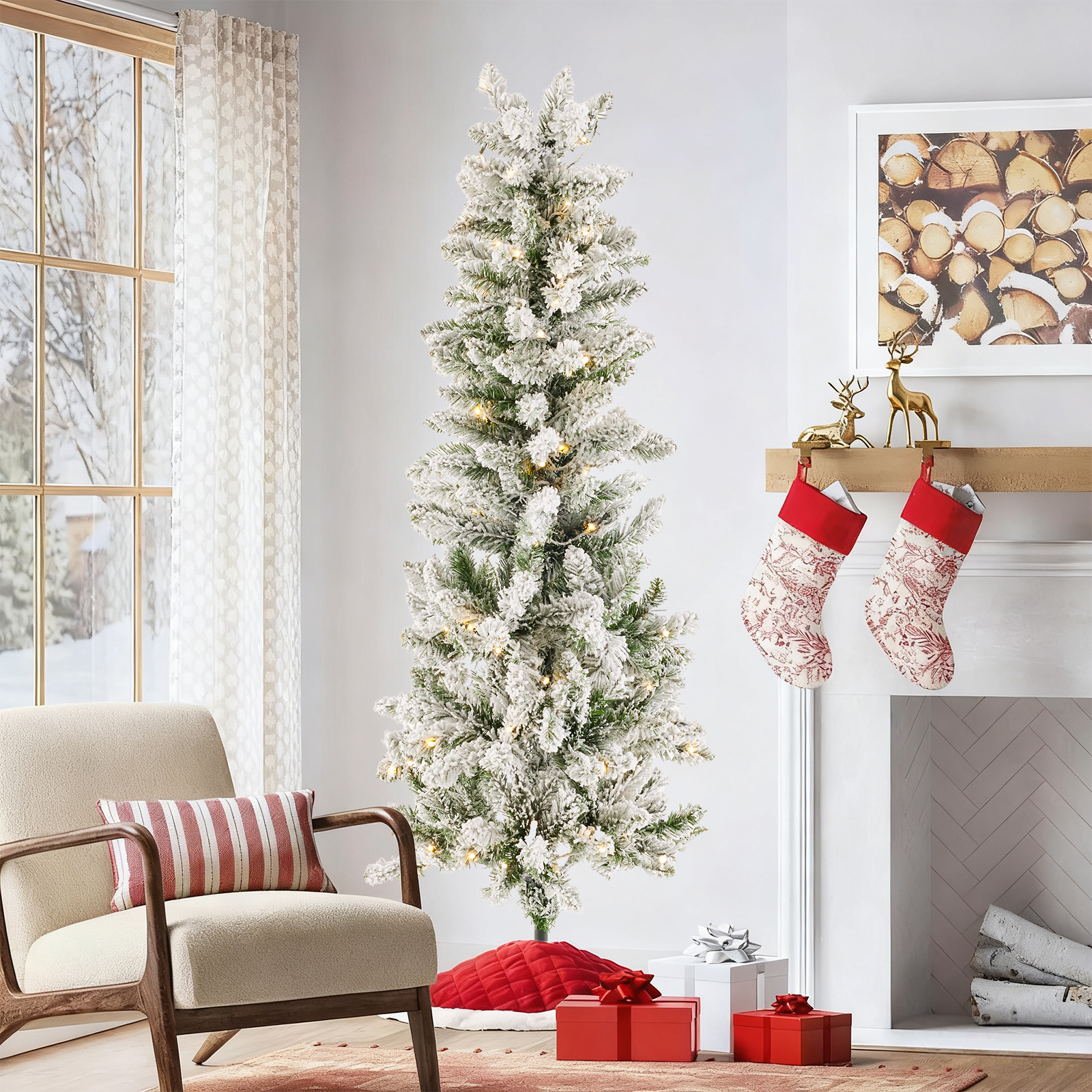 Pencil Christmas Tree, Prelighted Artificial Slim Christmas Trees With 250 Incandescent Lights, 571 Branch Tips & Foldable Base image 17