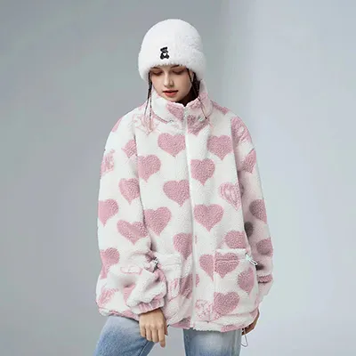 Allover Heart Sherpa Jacket Couple's Trendy Casual Clothes Pink - Shop at LoveMi