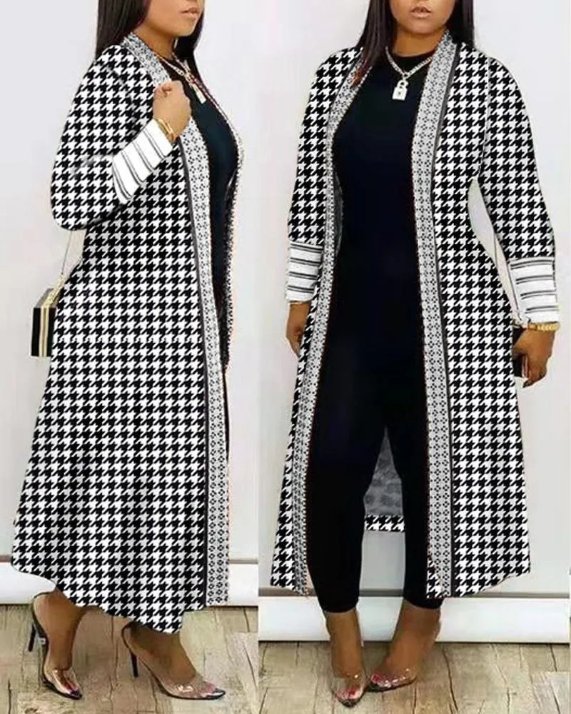 Long Sleeve Splicing Coat Women's Clothing - Houndstooth-M
