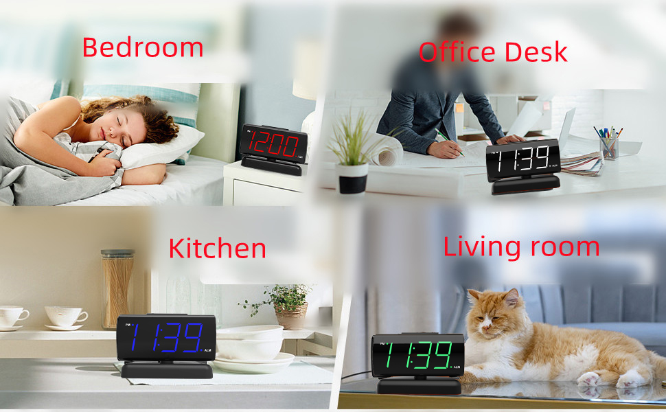 Digital Alarm Clock with Rotating Base - Large and easy to use bedside clock with icons and text buttons, perfect for the elderly. Simply plug into a standard American 120V socket for power, with AAA backup batteries.