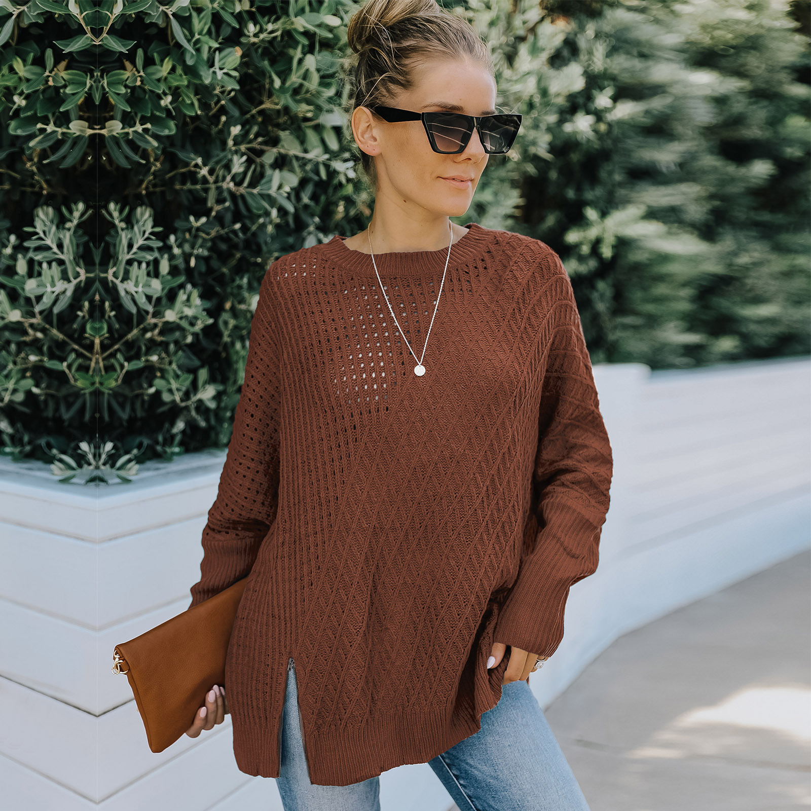 Title 6, Round Neck Long Sleeve Hollow Knit Sweater Wome...