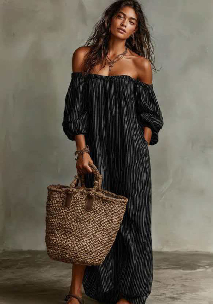 Striped Loose Casual Off Shoulder Sweet Dress With Pockets