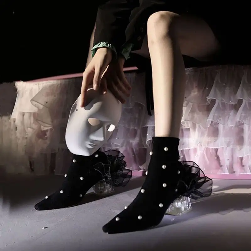 Fashion Lace Pearl Female Pointed Thick Heel Black Short Boots