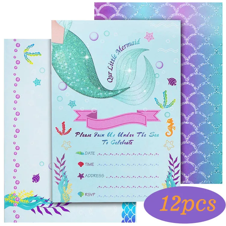 Mermaid Theme Birthday Decoration Party Supplies Children''s Party Decorations Dessert Cake Cards - Invitation Card Set 12Pcs