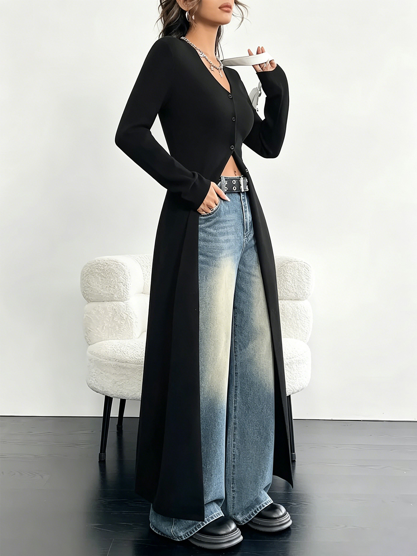 Women Knitted Long Open Front Coat V Neck Button Long Sleeve Slim Fit Maxi Cardigan 4