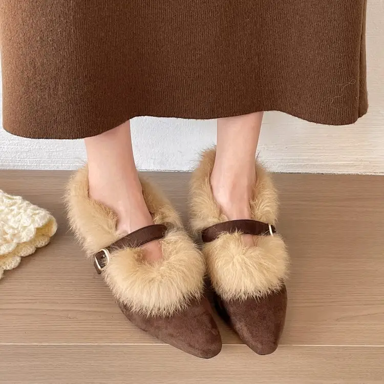 Women's PointedToe Furry Shoes, Retro Elegant Wedge