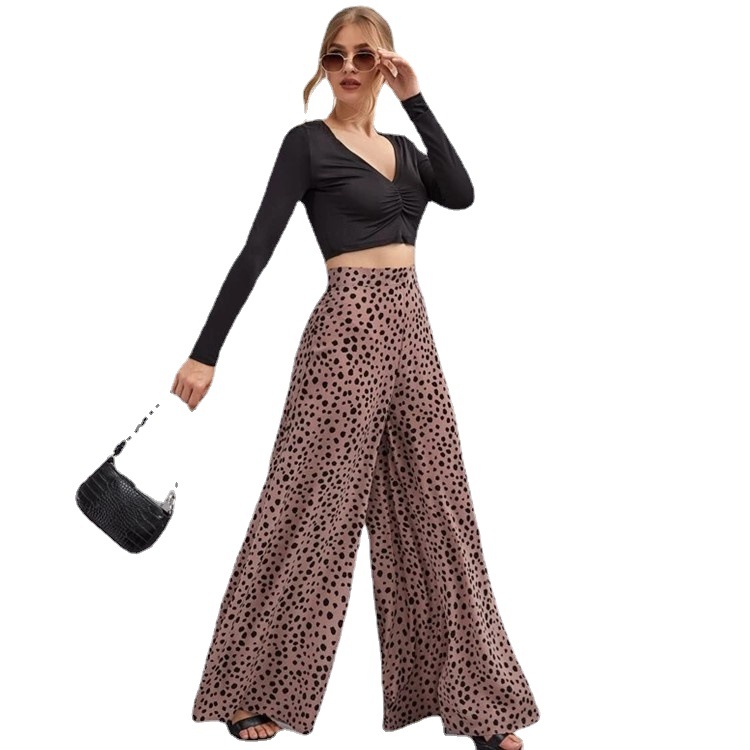 Loose High Waist Leopard Print Drape Trousers Swing Leg Pants