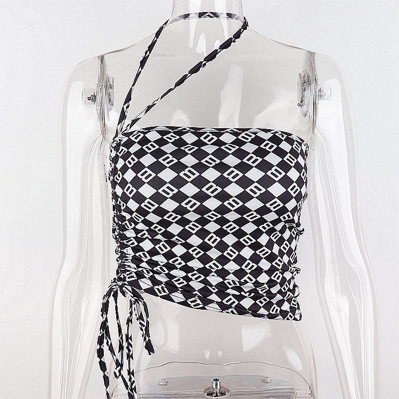 Title 3, Letter Plaid Print Drawstring Halter Neck Slim ...