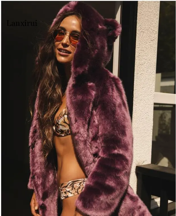 Faux Fur Coats Women Warm Long Sleeve Hooded Outwear Purple - Shop at LoveMi
