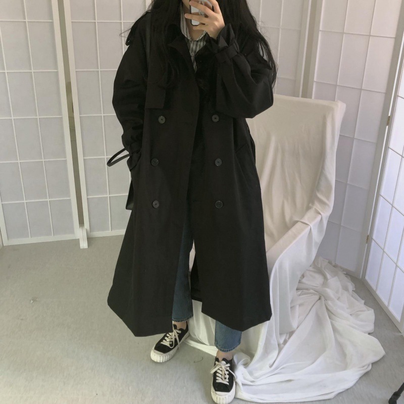Women Black Trench Coat Mid Length Double Breasted Waist