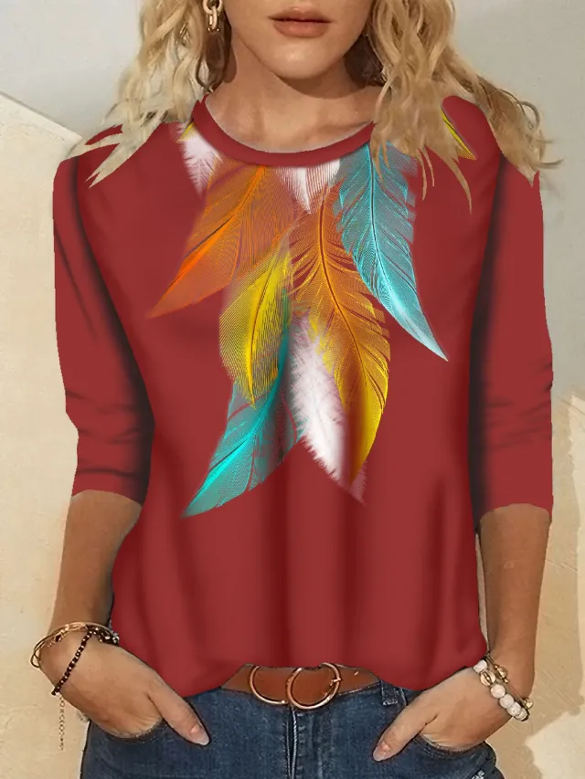 Women's Fashion Printed Crew Neck Long Sleeve T Shirt Red - Shop at LoveMi