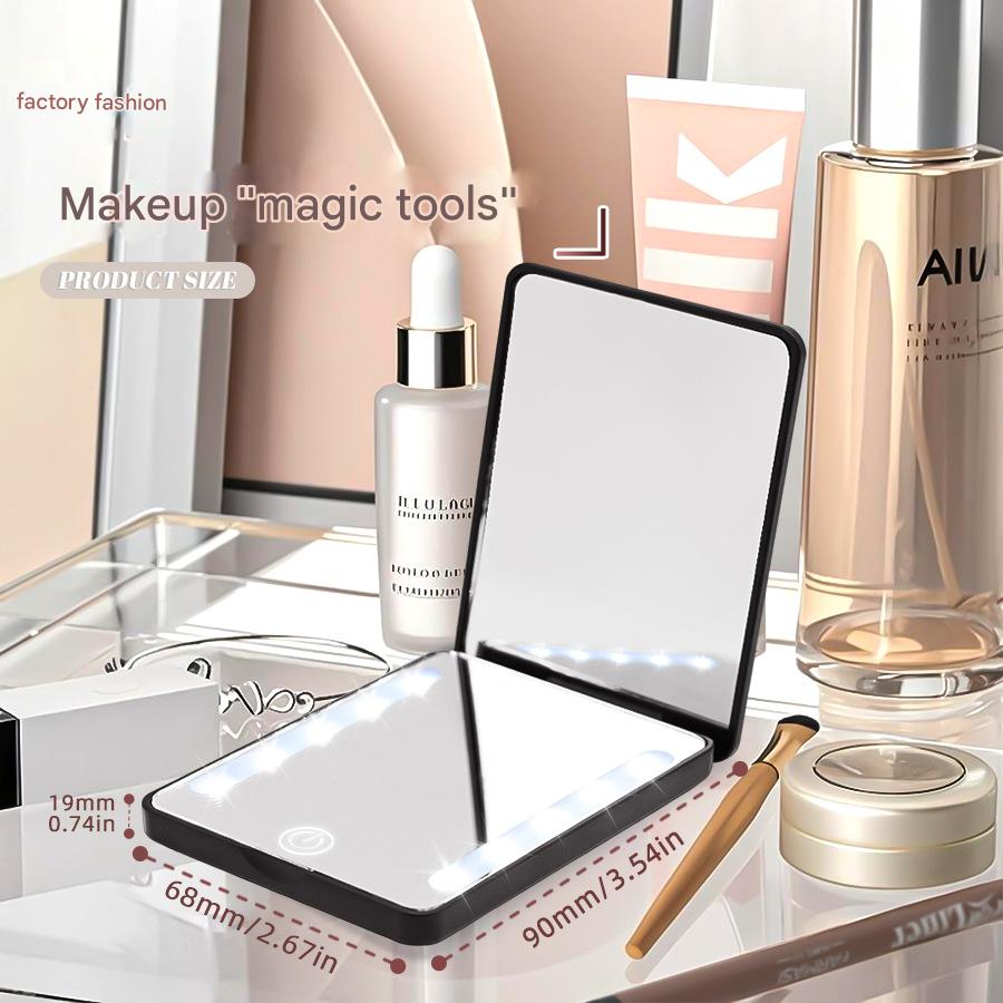 Compact Double-Sided Folding Makeup Mirror Handheld Portable LED Light For Touch-Ups